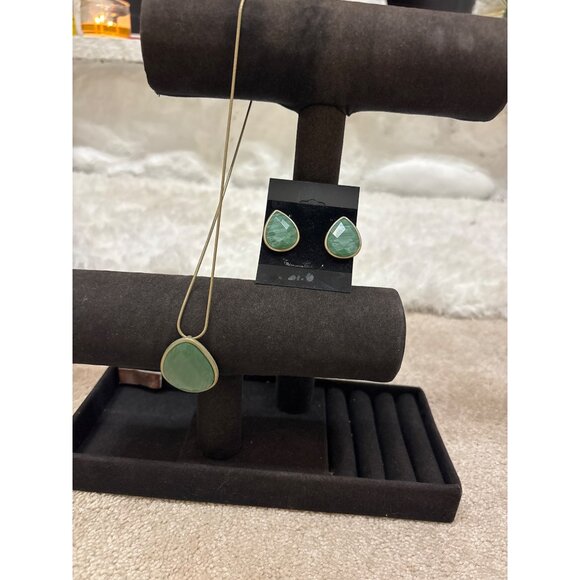 Gold-Plated Green Stone Necklace & Earring Set Retro - Picture 1 of 9